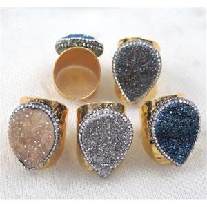 mixed Agate druzy Ring paved rhinestone, copper, gold plated, approx 18x25mm, 22mm dia