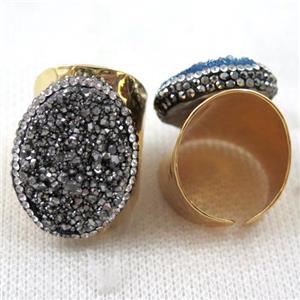silver Agate druzy ring paved rhinestone, copper, gold plated, approx 18x25mm, 22mm dia