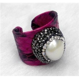 white freshwater pearl pave rhinestone, hotpink snakeskin alloy ring, approx 20mm dia