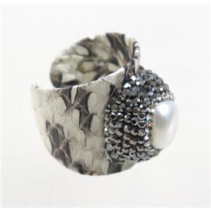 white freshwater pearl pave rhinestone, snakeskin alloy ring, approx 20mm dia