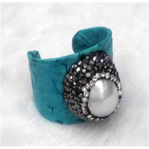 white freshwater pearl pave rhinestone, blue snakeskin alloy ring, approx 20mm dia