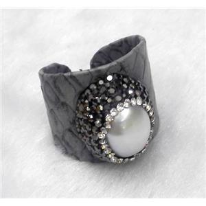 white freshwater pearl pave rhinestone, gray snakeskin alloy ring, approx 20mm dia