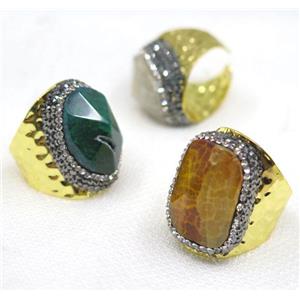 mix color Agate Rings pave rhinestone, copper, gold plated, approx 18-23mm