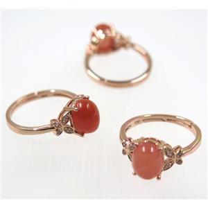 red Chinese NanHong Agate Ring, copper, rose gold plated, approx 7-20mm