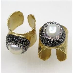 24K gold plated copper ring paved white pearl, rhinestone, approx 20mm dia