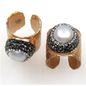 white pearl ring pave rhinestone, copper, rode gold plated, approx 20mm dia