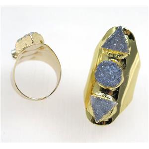 bluegray druzy quartz ring, gold plated, approx 20-40mm