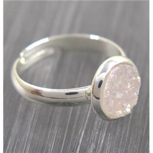 white AB-color druzy agate ring, copper, silver palted, approx 8mm dia, 18mm dia