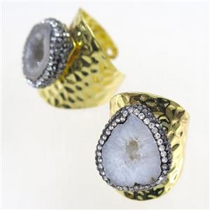 druzy Agate copper Ring paved rhinestone, gold plated, approx 20-25mm