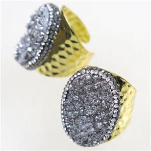 silver Druzy Quartz copper Ring paved rhinestone, gold plated, approx 20-25mm