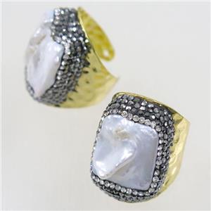 white Pearl copper Ring paved rhinestone, gold plated, approx 20-25mm