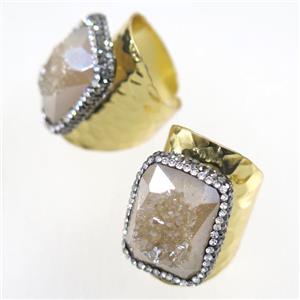 champagne Druzy Agate geode copper ring pave rhinestone, gold plated, approx 15-25mm