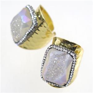 white AB-color Druzy Agate geode copper Ring pave rhinestone, gold plated, approx 15-25mm