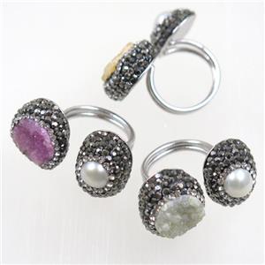 freshwater Pearl and Druzy Ring paved rhinestone, approx 18mm dia