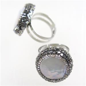 freshwater Pearl ring paved rhinestone, approx 18mm dia, 20mm dia