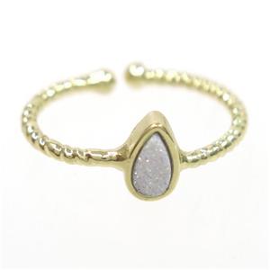 white ab-color druzy quartz ring, teardrop, gold plated, approx 6mm, 18mm dia