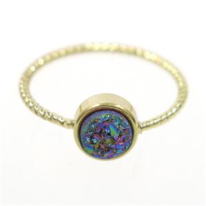 rainbow druzy quartz ring, circle, gold plated, approx 6mm, 18mm dia