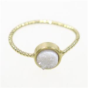white ab-color druzy quartz ring, circle, gold plated, approx 6mm, 18mm dia