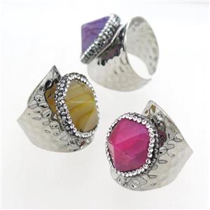 mixed color point Agate Ring paved rhinestone, copper, platinum plated, approx 20mm