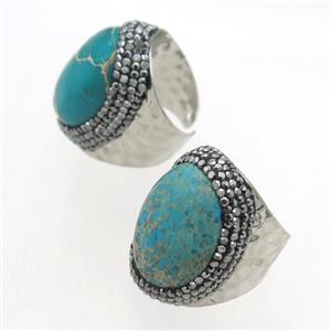 blue Imperial Jasper Rings paved rhinestone, copper, platinum plated, approx 20-28mm