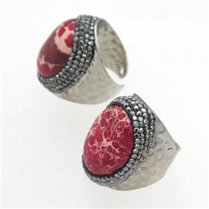 red Imperial Jasper Rings paved rhinestone, copper, platinum plated, approx 20-28mm