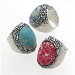 mixed colors Imperial Jasper Rings paved rhinestone, copper, platinum plated, approx 20-28mm