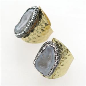 Agate Geode Rings paved rhinestone, copper, gold plated, approx 20-28mm
