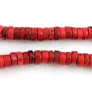 Turquoise heishi bead, red dye, 4-4.5mm dia,approx 2.5mm thick.16 inchlength