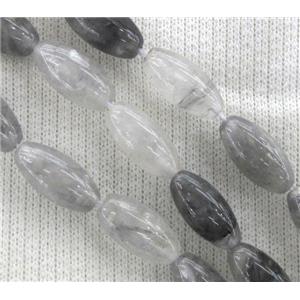 natural cloudy quartz bead, grey, rice-shaped, approx 12x40mm