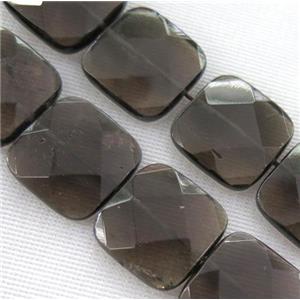 smoky quartz bead, faceted square, approx 20x20mm