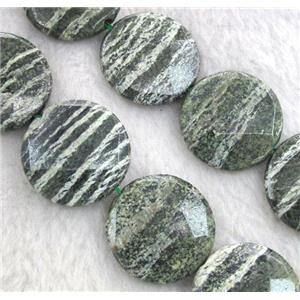 Natural Green Silver-line Jasper Beads, faceted flat round, approx 18mm dia, 15.5 inches