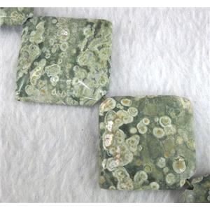 Rhyolite Jasper beads, green, corner-drilled square, approx 15x15mm