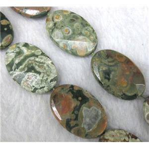 natural Rhyolite beads, green, faceted flat oval, approx 15x20mm