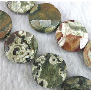 natural green Rhyolite beads, faceted flat round, approx 20mm dia