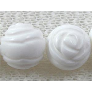 tridacna shell beads, round, carved rose-flower, white, 12mm dia, 33pcs per st