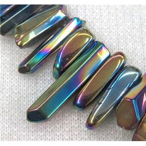 clear quartz bead, stick, freeform, polished, rainbow electroplated, approx 18-45mm, 15.5 inches