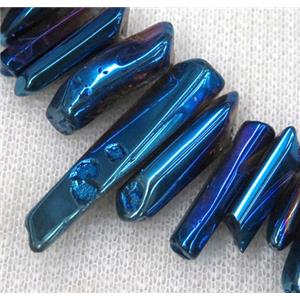 clear quartz bead, stick, freeform, polished, blue electroplated, approx 18-45mm, 15.5 inches