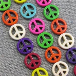 synthetic Turquoise beads, Peace Sign, mix color, approx 30mm dia