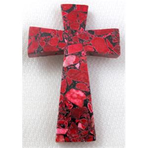 mosaic flower turquoise cross pendant, red, 40x60mm