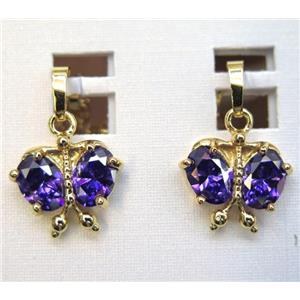 purple zircon pendant, butterfly, copper, gold plated, approx 12-15mm