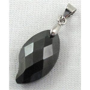 Cubic Zirconia leaf pendant, black, 10x20mm
