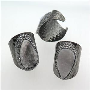 Quartz Druzy Rings pave rhinestone, black plated, approx 12-25mm, 20mm dia