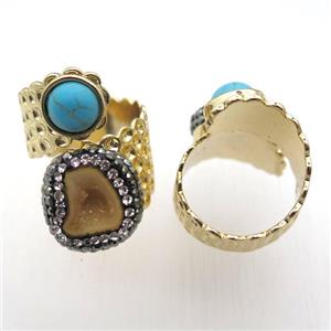 yellow Agate Druzy Rings paved rhinestone, copper, gold plated, approx 10mm, 20mm, 20mm dia