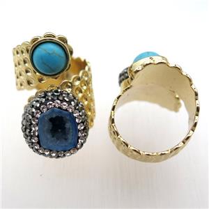 blue Agate Druzy Rings paved rhinestone, copper, gold plated, approx 10mm, 20mm, 20mm dia