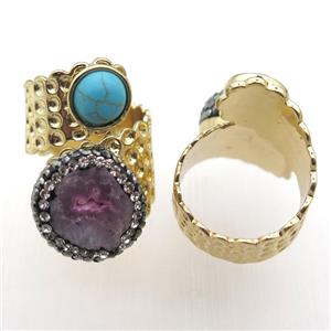 Agate Druzy Rings paved rhinestone, copper, gold plated, approx 10mm, 20mm, 20mm dia