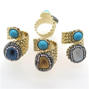 mix color Agate Druzy Rings paved rhinestone, copper, gold plated, approx 10mm, 20mm, 20mm dia