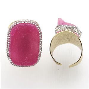 hotpink Agate Druzy Rings paved rhinestone, copper, gold plated, approx 20-35mm, 20mm dia