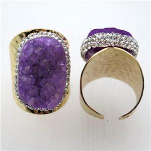 purple Agate Druzy Rings paved rhinestone, copper, gold plated, approx 20-35mm, 20mm dia