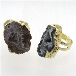 agate druzy geode Ring, copper, gold plated, approx 18-25mm, 18mm dia