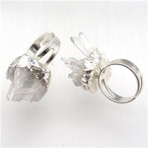 clear quartz cluster Ring, copper, silver plated, approx 16-22mm, 18mm dia